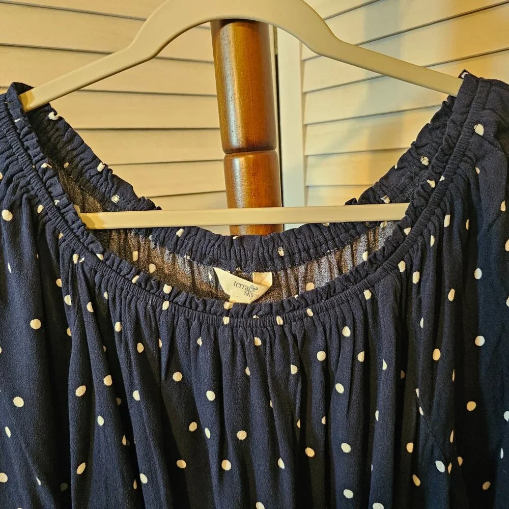 Terra & Sky Plus Size 1X 16W-18W, Navy Blue/White Polka Dots Blouse, Long Sleeve - Picture 2 of 6